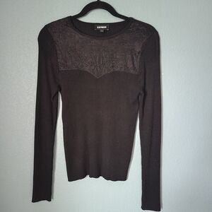 Express Women's Ribbed Black Long Sleeve Sweetheart Lace Sweater